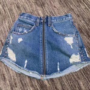 LF distressed jean skirt with rinestone embellishments
